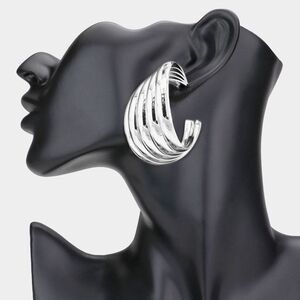 Silver Abstract MultiLayered Style Hoop Metal Earrings 1.75 Inches